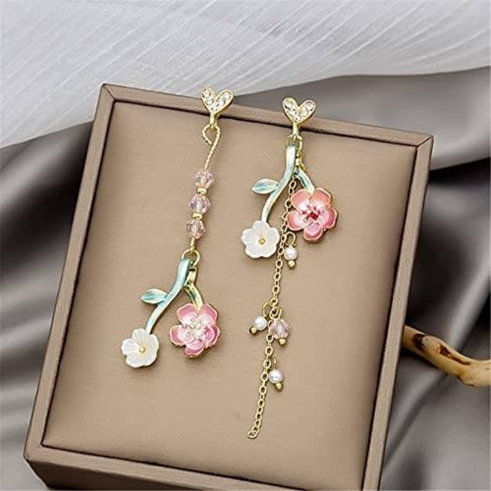 Asymmetric Pink Cherry Blossom Floral Dangle Earrings Gold‎ Heart Drop Jewelry